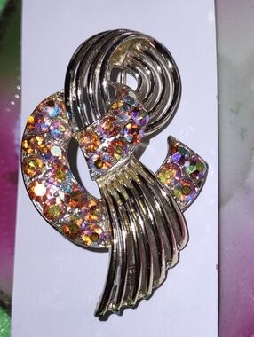 60's Vintage Estate Aurora Borealis Gold Plated Swirl Brooch